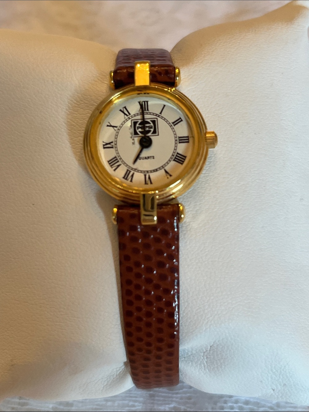 VTG Pepsi Gold Round Face Quartz Watch with Brown Lizard-Textured Strap